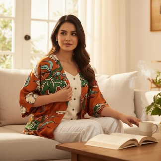 Áo kimono lụa cam họa tiết Liện Hoa Vũ